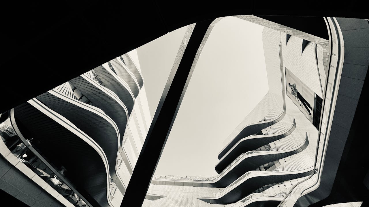 Black and white perspective of a futuristic architectural structure in Shanghai.