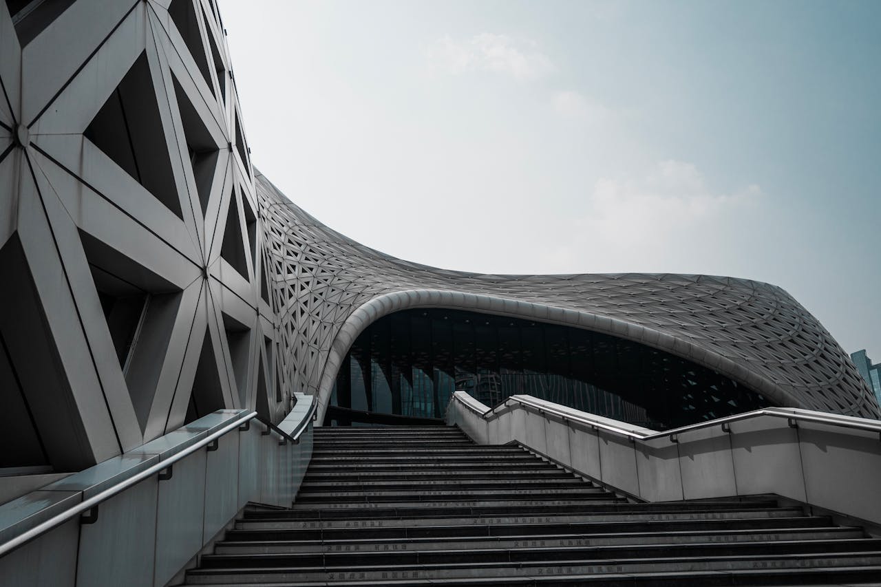 Striking modern architecture with geometric patterns and a dynamic facade.